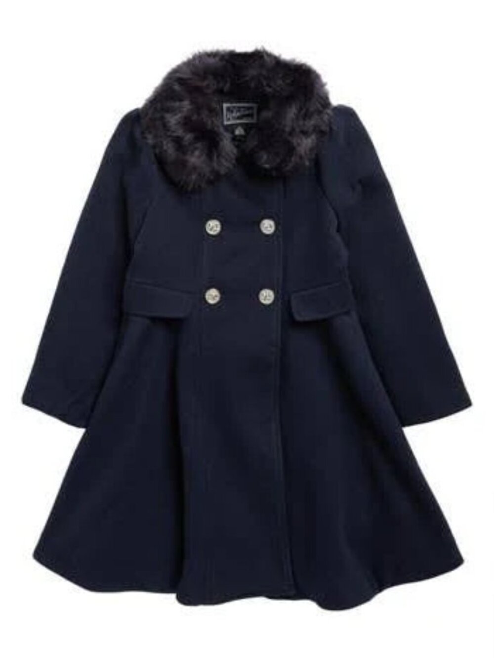 Rothschild Little Girls Hooded Pea Coat Sz 7/8 S Navy Blue Pleated Faux Fur, 7/8